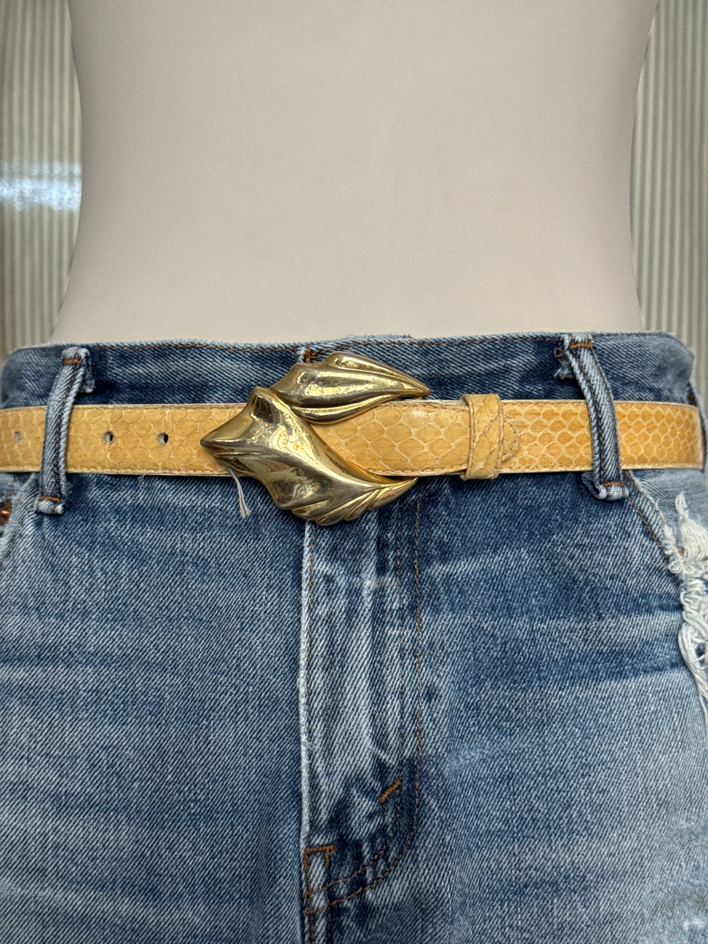 Tan snake skin with gold buckle