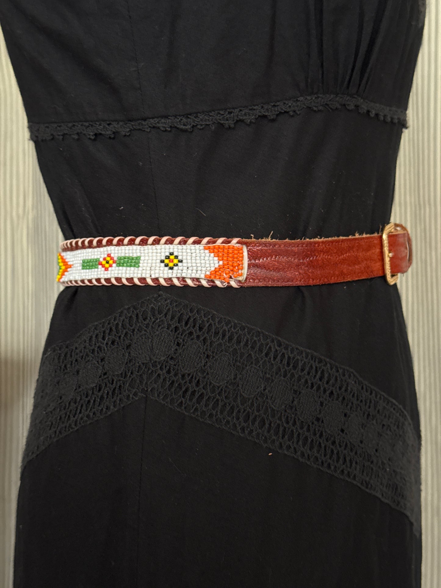 Beaded Brown Leather Belt