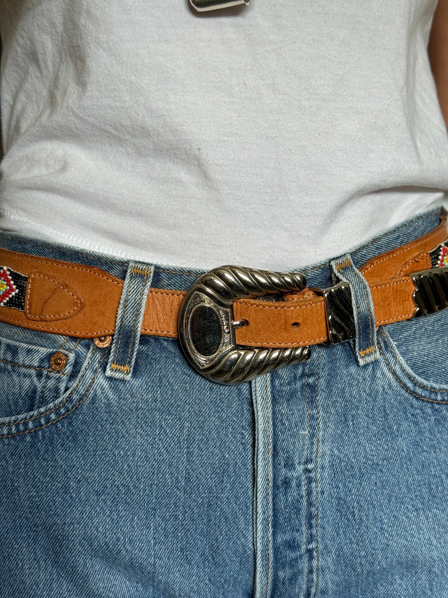 Tan Beaded Belt with Silver Buckle