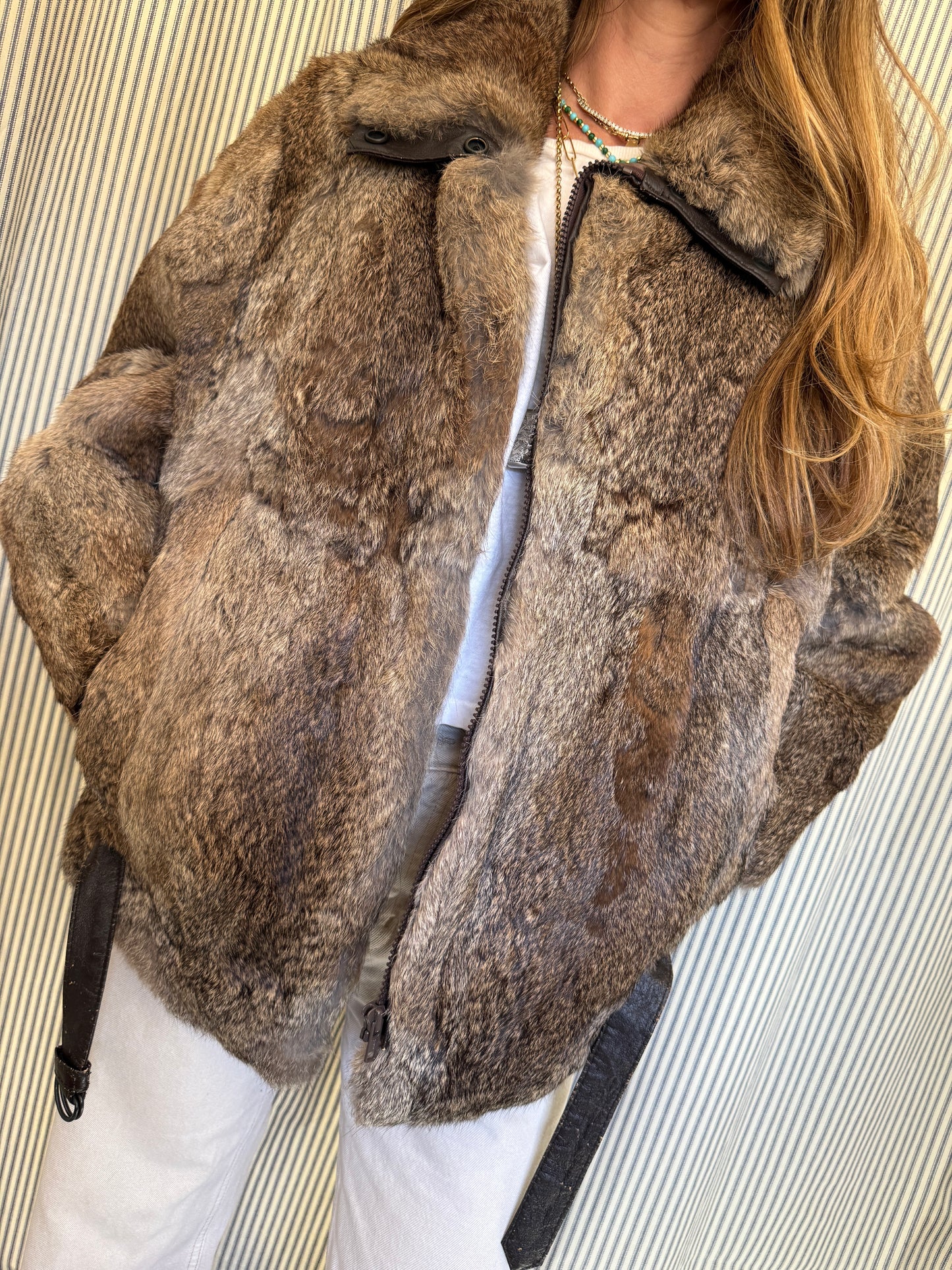 Vintage Rabbit Collared Fur Jacket with Zipper + Belt