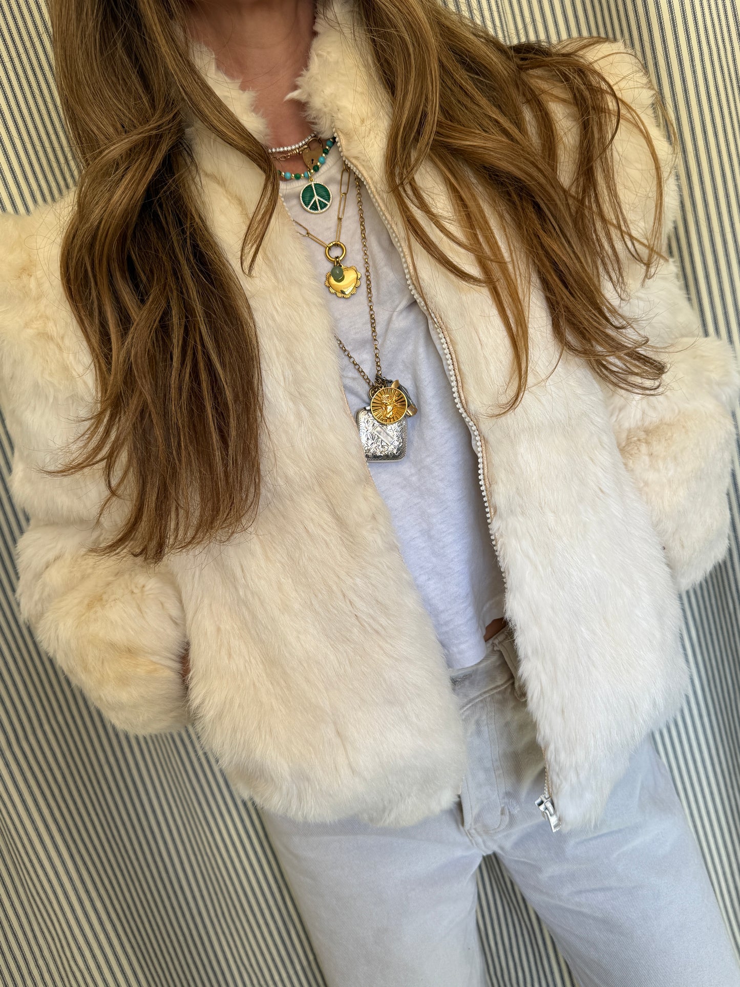 Vintage Cream Rabbit Fur Zip Up Jacket