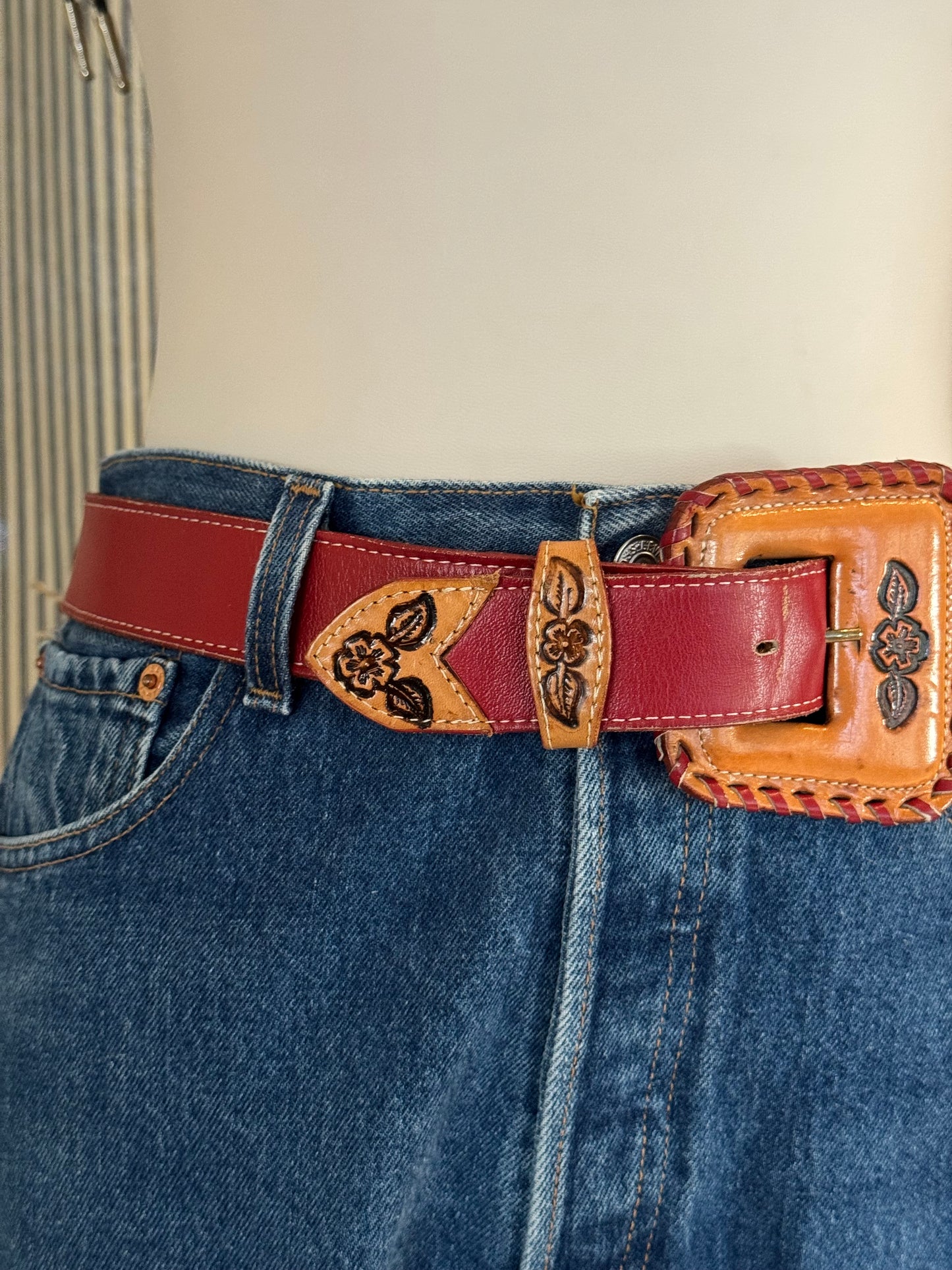 Red Leather Belt with Tan Buckle