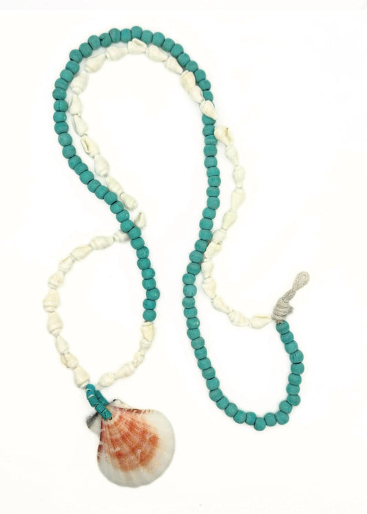 Vintage Turquoise Seed Beaded Shell Necklace