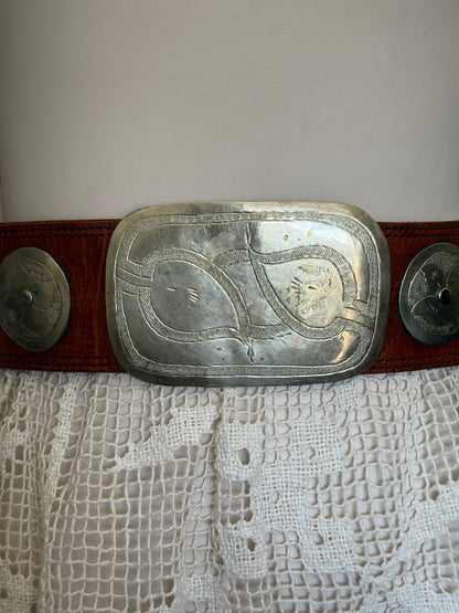 Thick Brown Leather Belt with Silver
