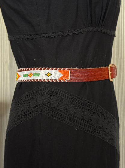 Beaded Brown Leather Belt