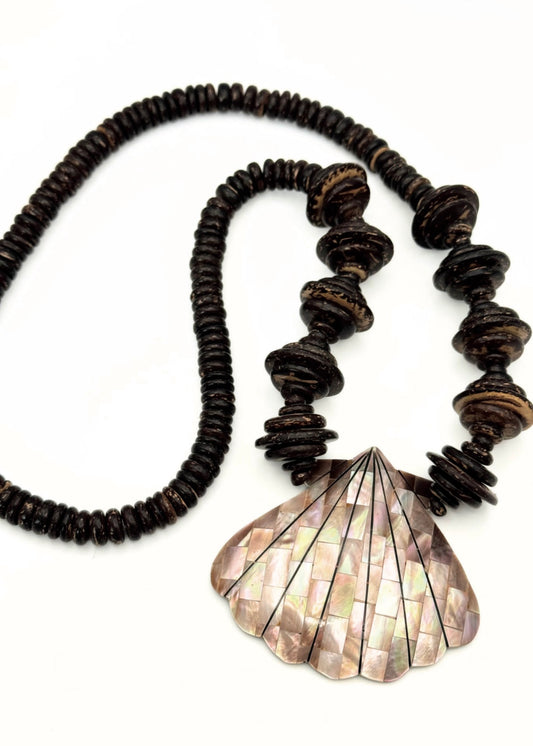 Vintage Mother of Pearl Shell Necklace with Wooden Beads