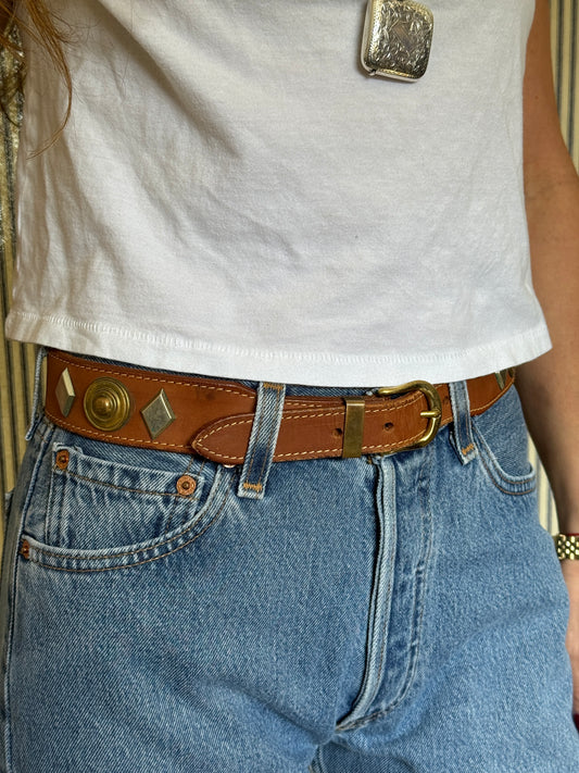 Brown Leather Belt with Brass/Silver Studs