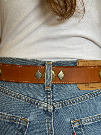 Brown Leather Belt with Brass/Silver Studs
