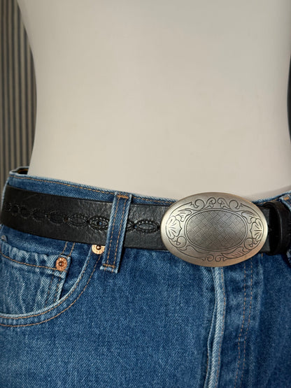 Silver Buckle Black Leather Belt
