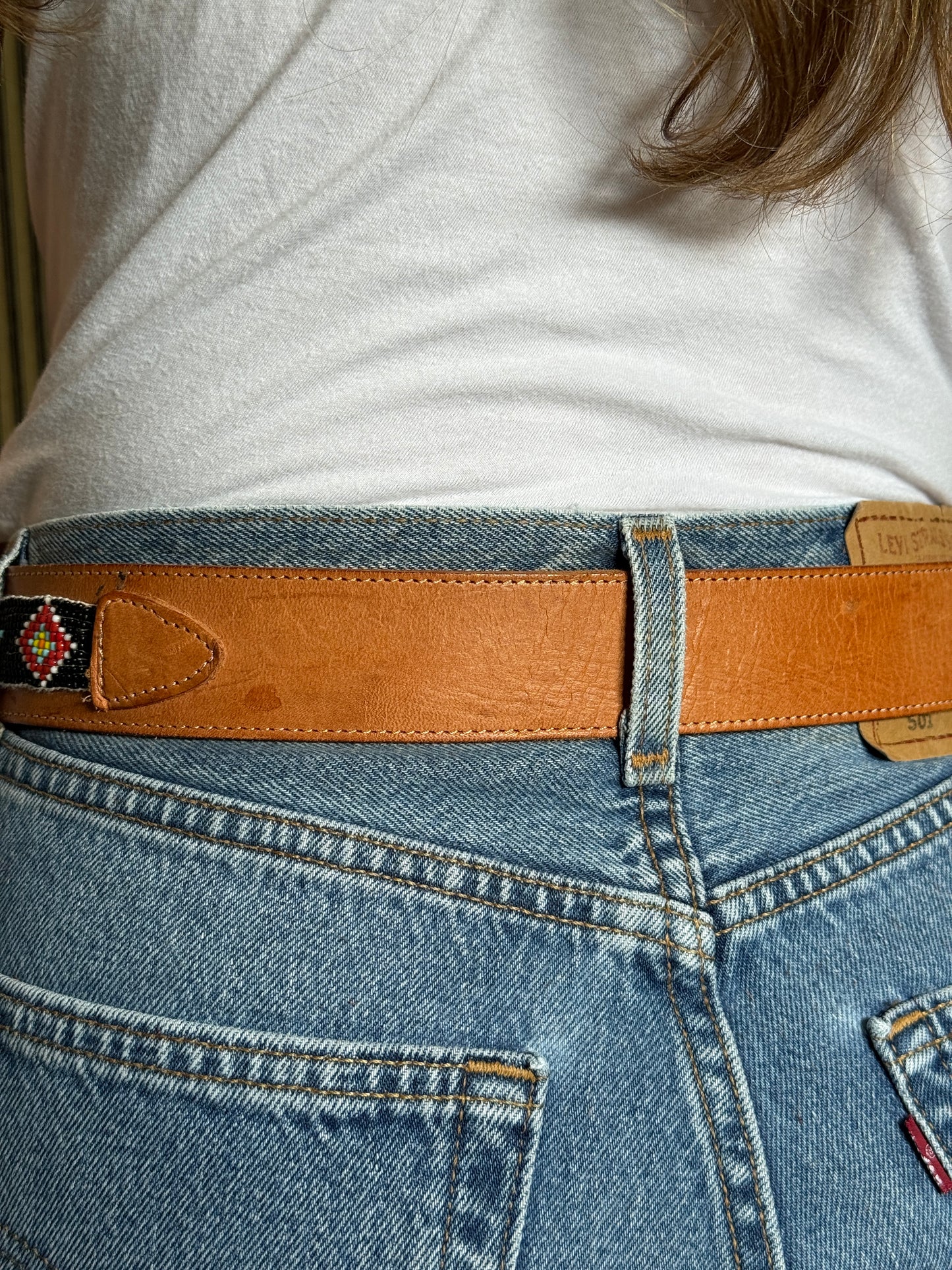Tan Beaded Belt with Silver Buckle