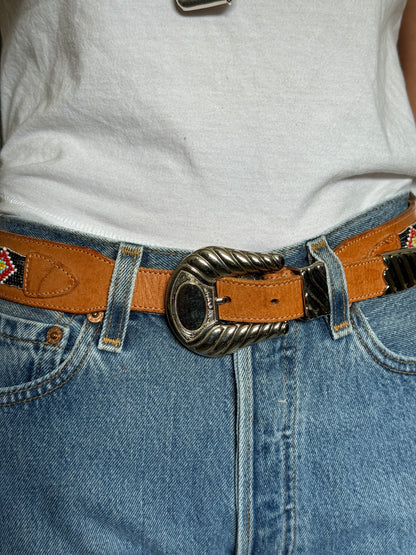 Tan Beaded Belt with Silver Buckle