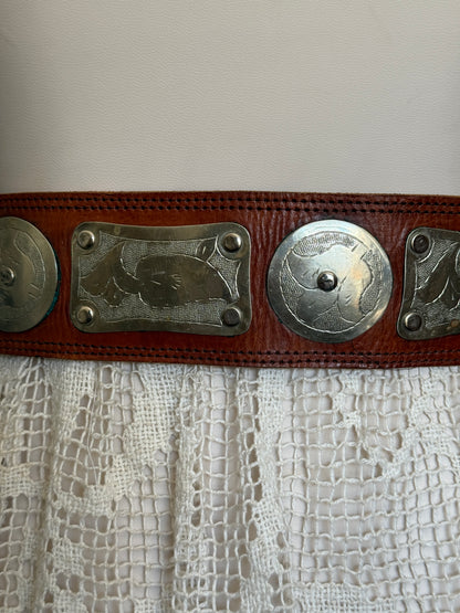 Thick Brown Leather Belt with Silver