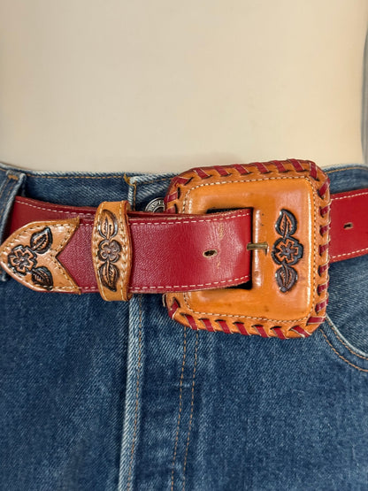 Red Leather Belt with Tan Buckle