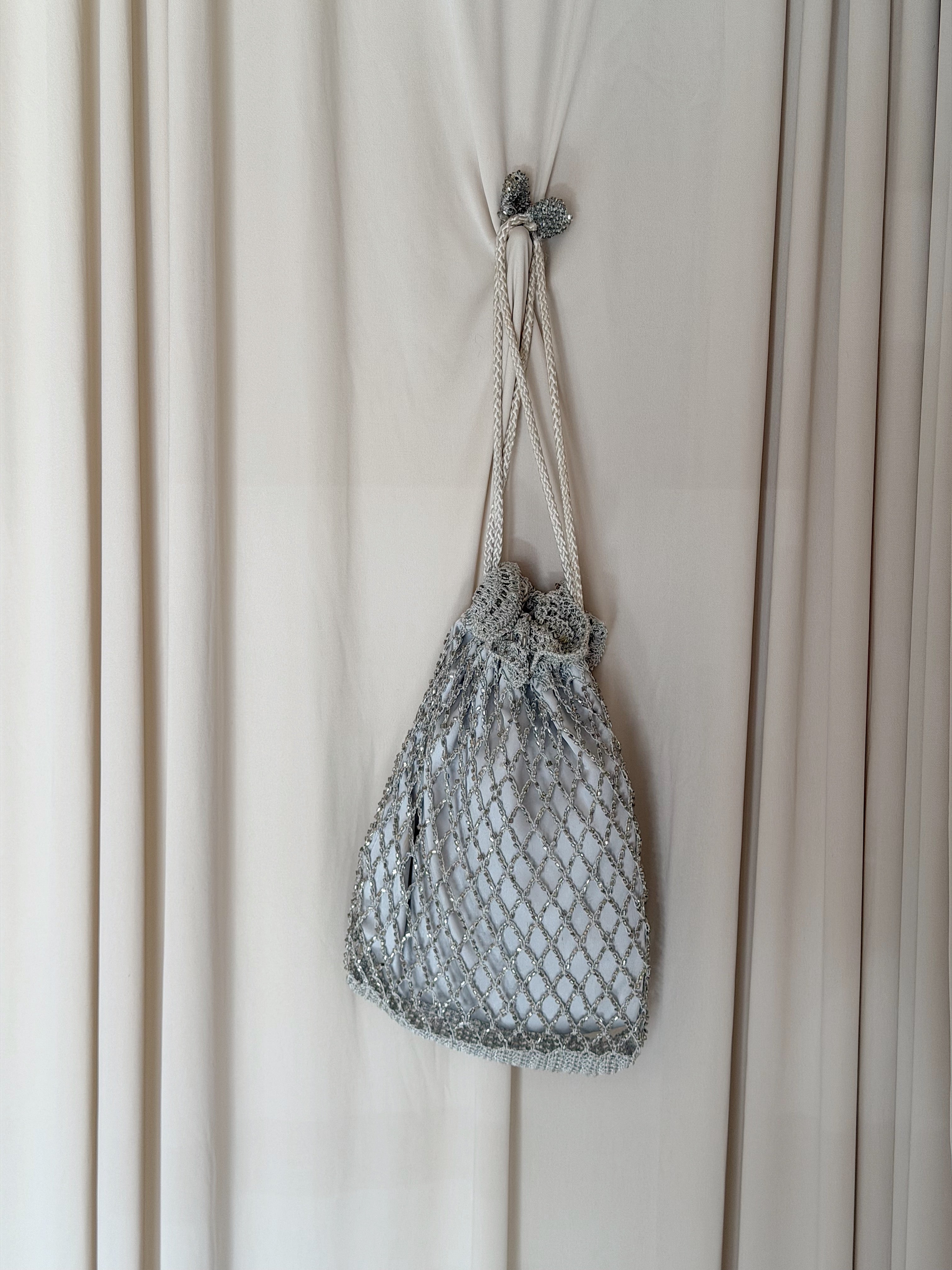 Vintage Silver + Beaded Drawstring Handbag
