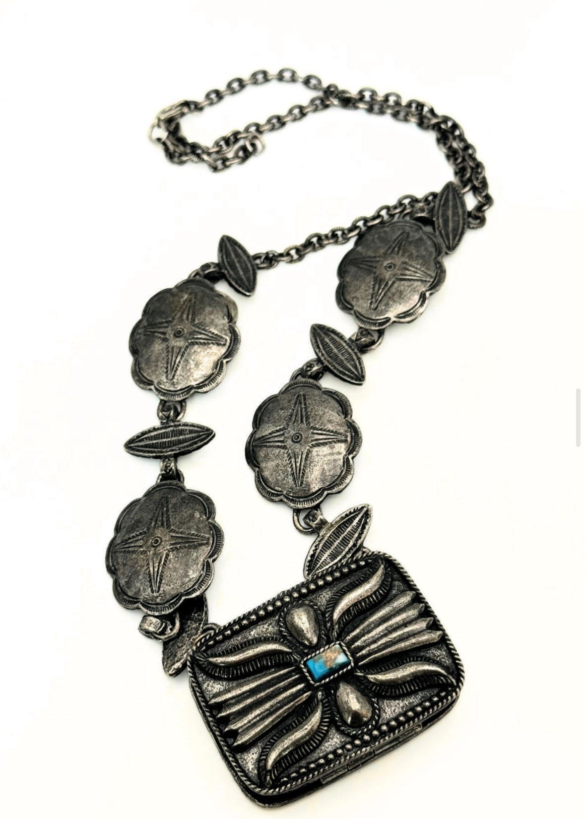 70s Estée Lauder Silver Concho Perfume Compact Necklace