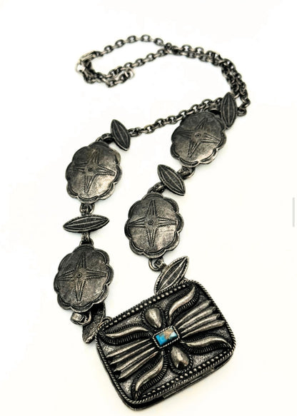 70s Estée Lauder Silver Concho Perfume Compact Necklace