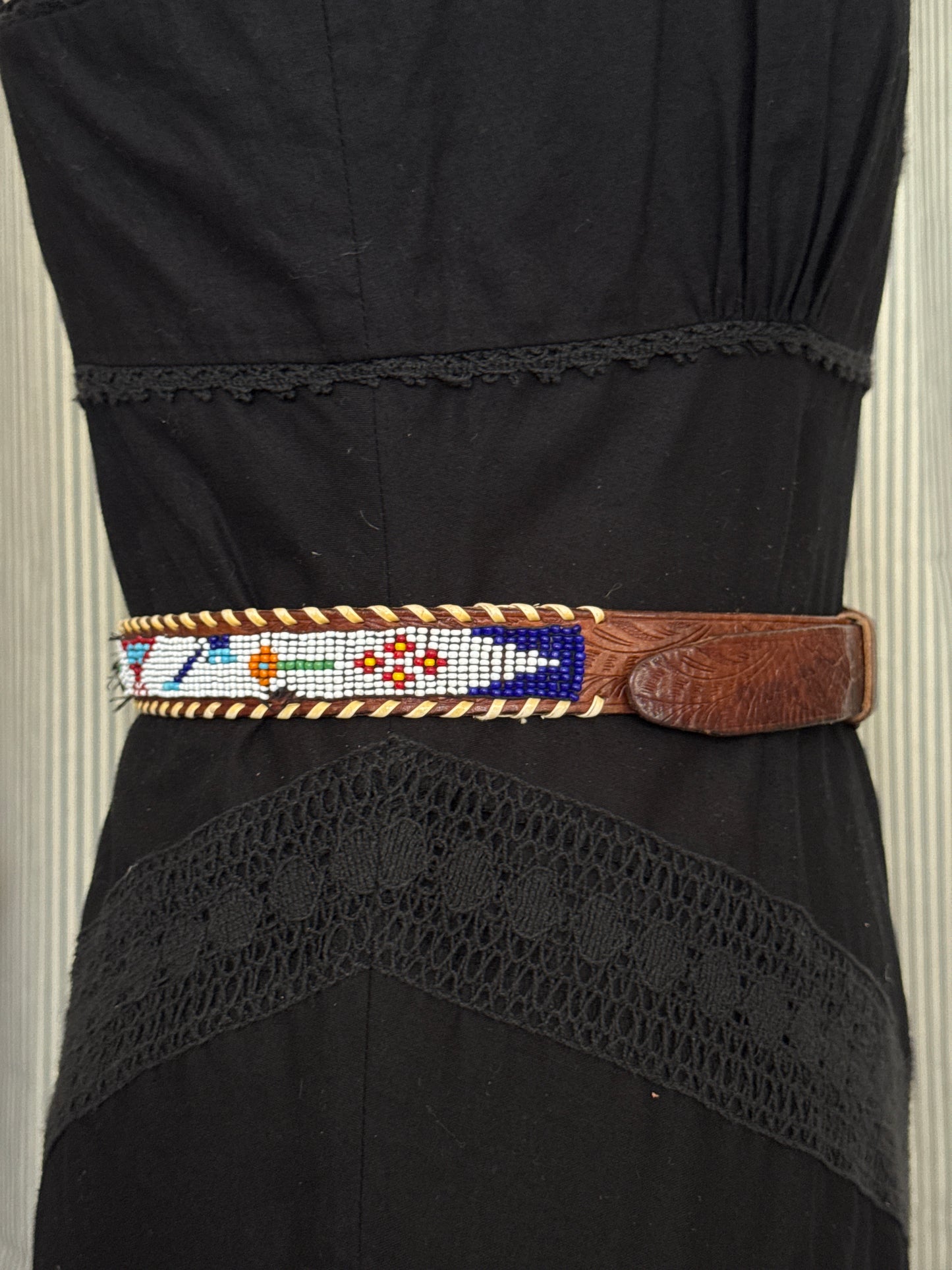Beaded Brown Leather Belt