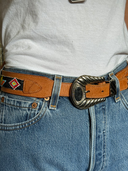 Tan Beaded Belt with Silver Buckle