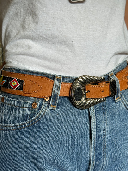 Tan Beaded Belt with Silver Buckle