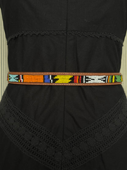 Beaded Brown Leather Belt