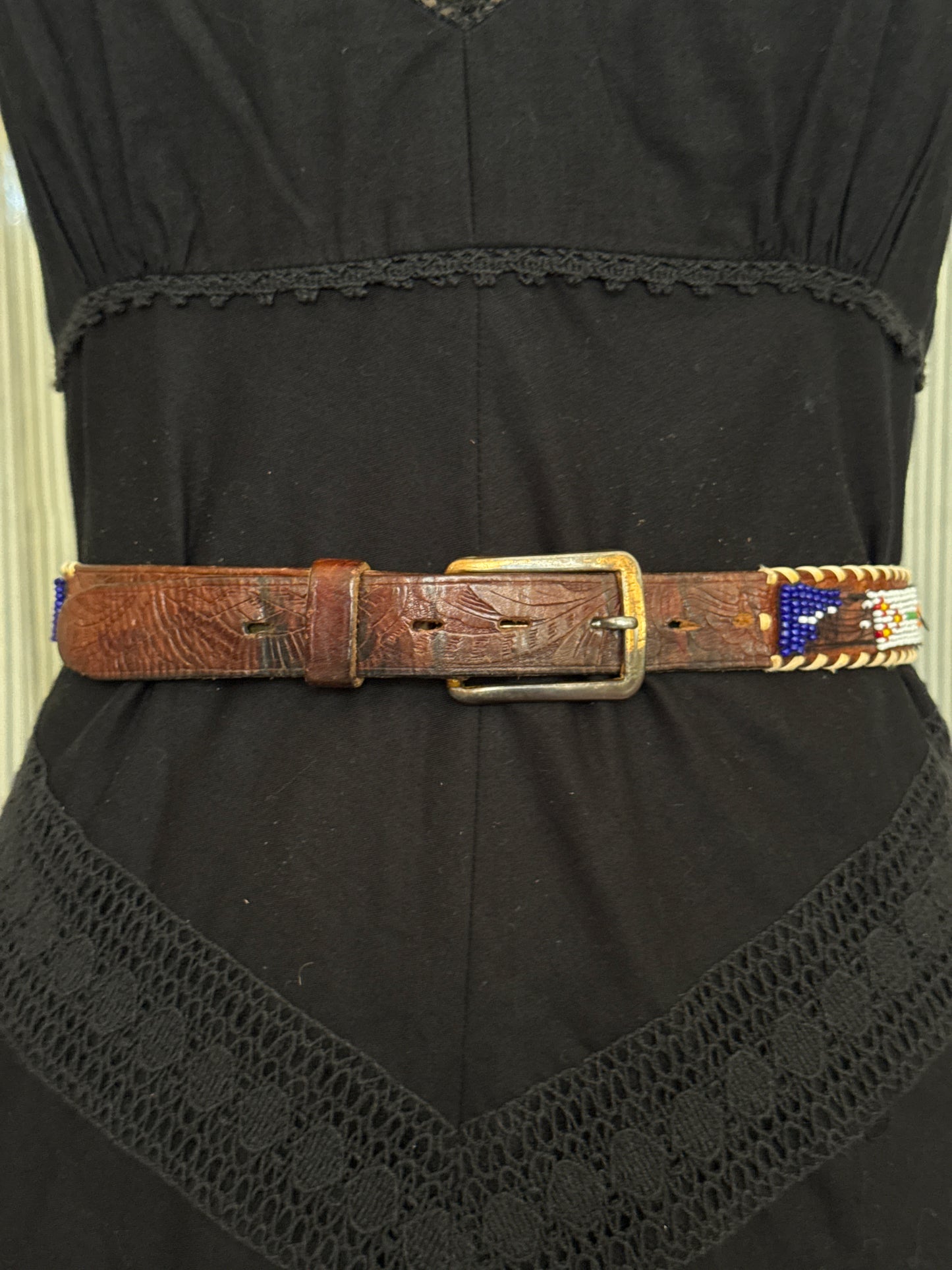 Beaded Brown Leather Belt