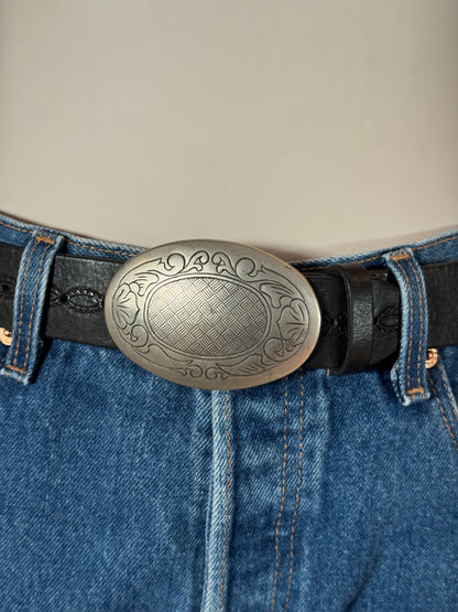 Silver Buckle Black Leather Belt