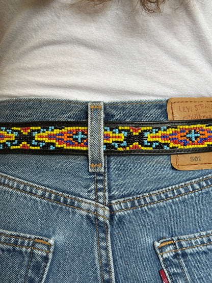 Beaded Black Leather Belt