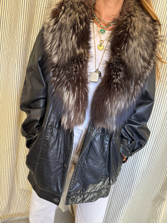 Vintage J. Percy Marvin Richards Leather + Fur Collar Jacket