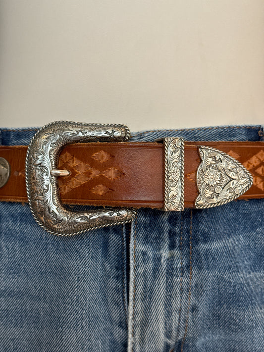 Brown Leather Belt with Silver