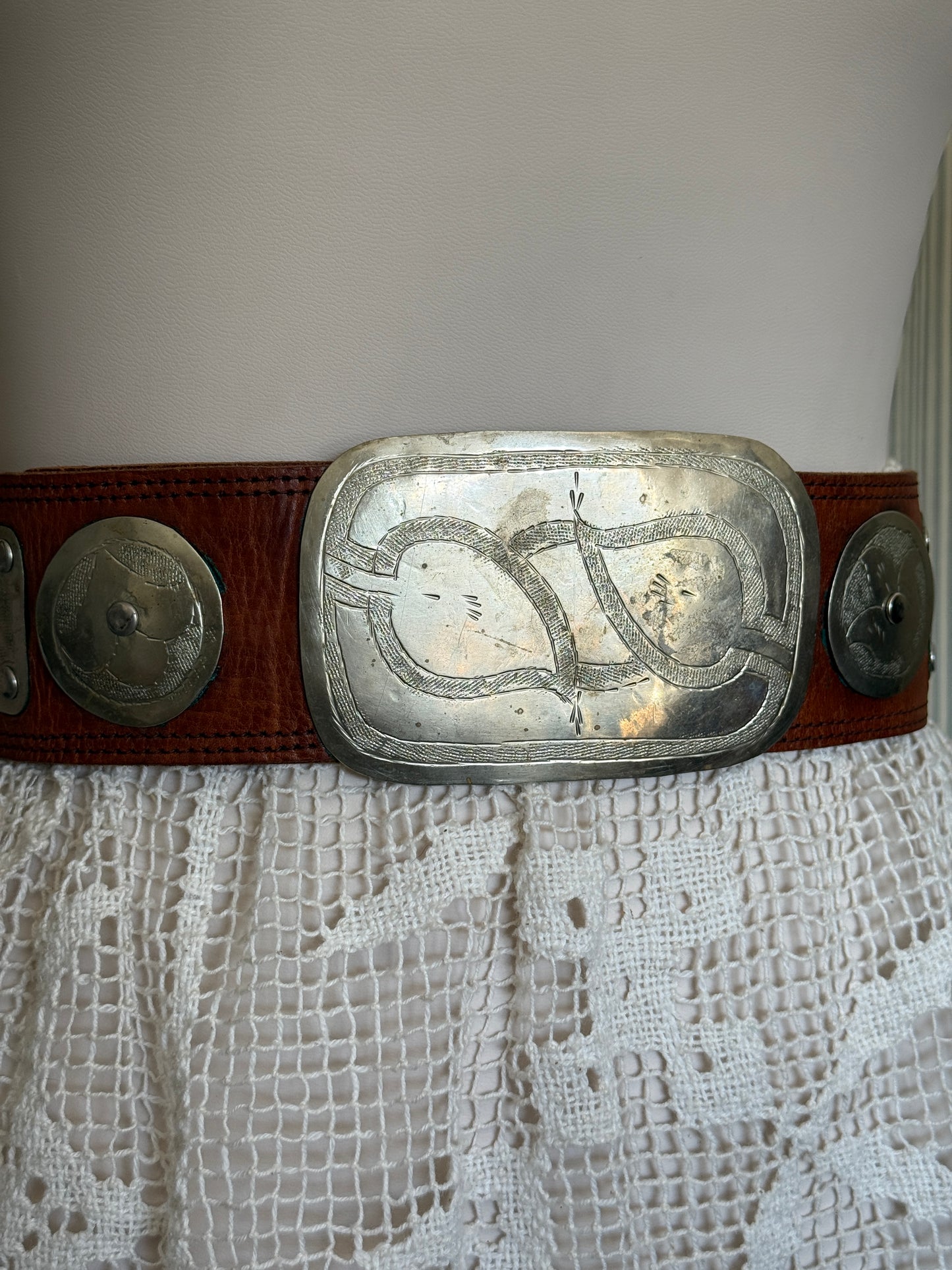 Thick Brown Leather Belt with Silver