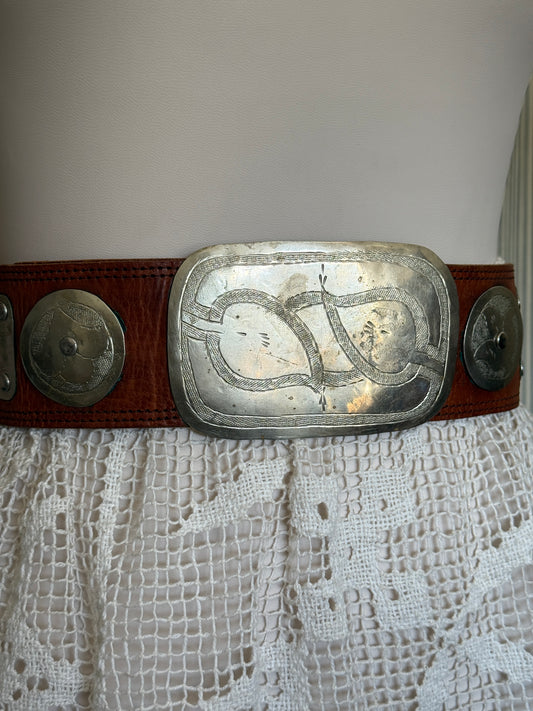 Thick Brown Leather Belt with Silver