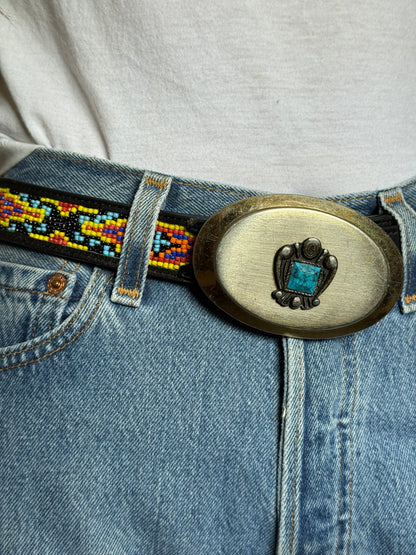 Beaded Black Leather Belt
