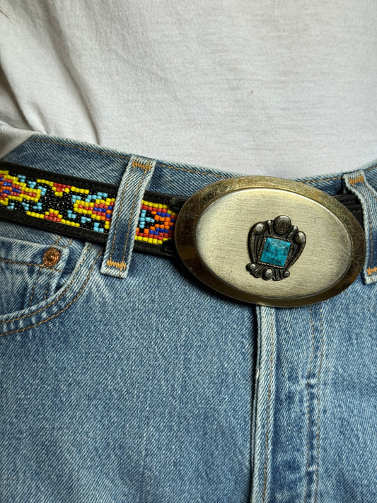 Beaded Black Leather Belt