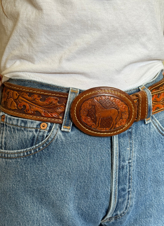 Horse Buckle Brown Leather Belt
